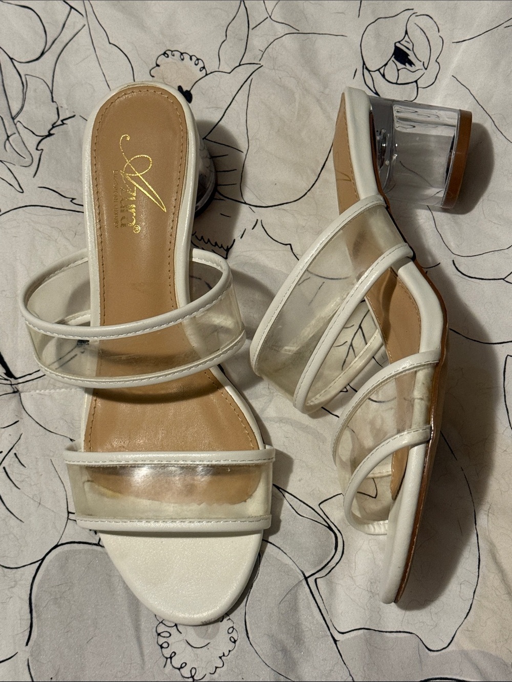Amirah White and Clear Strappy Block Heel Sandals